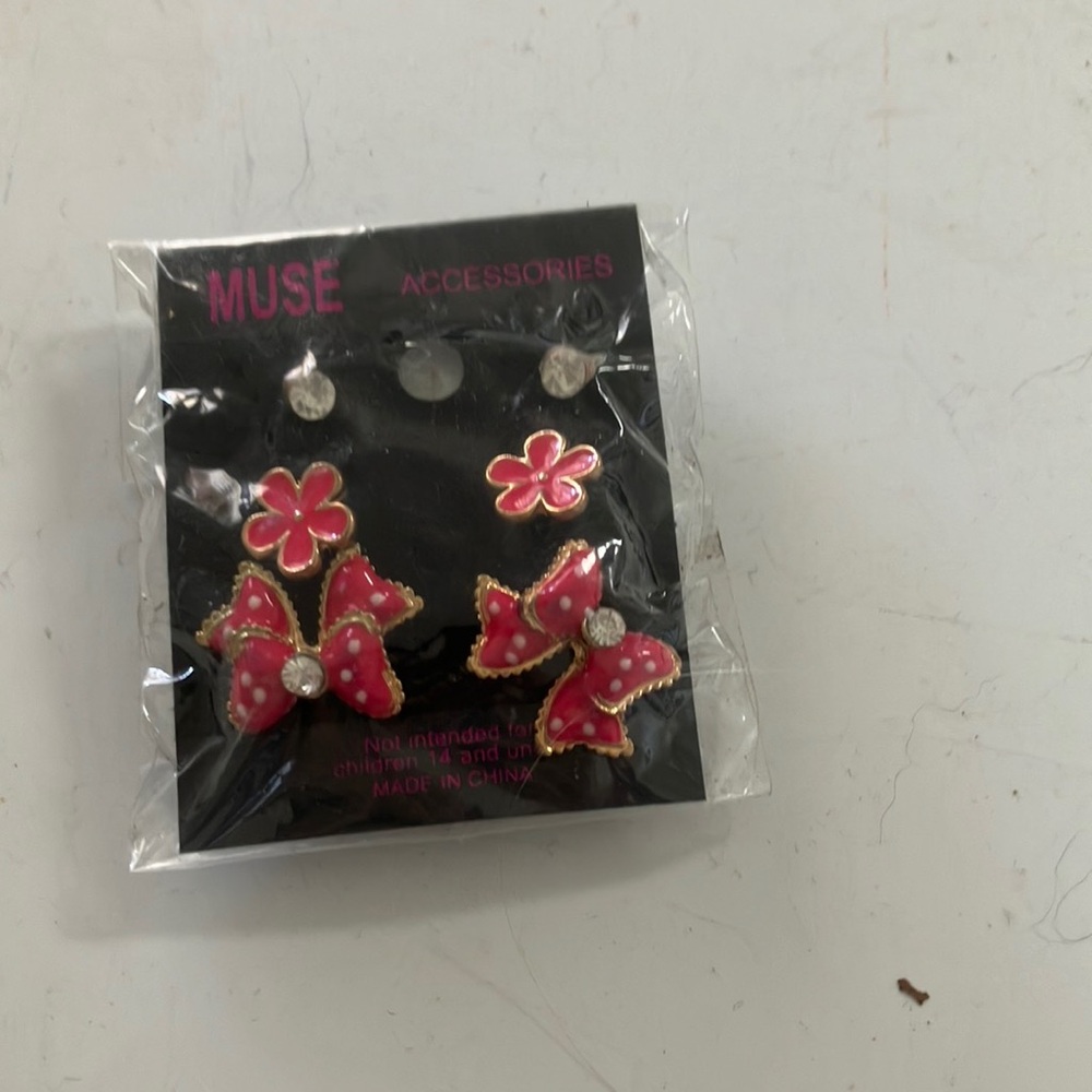 Muse Kids Pink Bow and Flower Earrings Set